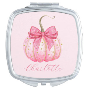 Pink Pumpkin Bow Personalized Bridesmaid Compact Mirror