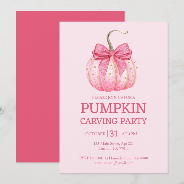 Pink Pumpkin Carving Party Halloween Invitation (Front/Back)