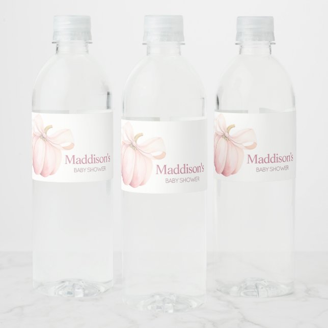 Pink Pumpkin Coquette Baby Shower Water Bottle Label (Bottles)