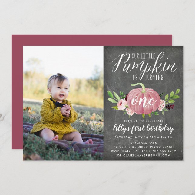 Pink Pumpkin Custom Age Birthday Party Photo Invitation (Front/Back)