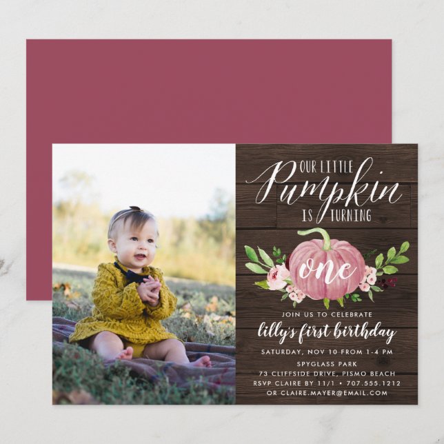 Pink Pumpkin Custom Age Birthday Party Photo Invitation (Front/Back)