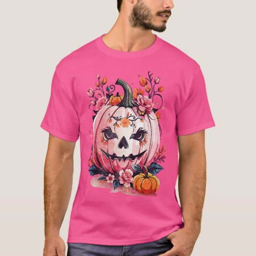 Pink Pumpkin face with floral and orange flowers c T_Shirt