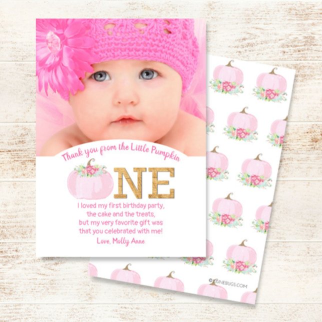 Pink Pumpkin Fall 1st Birthday Girl Thank You Card (Creator Uploaded)