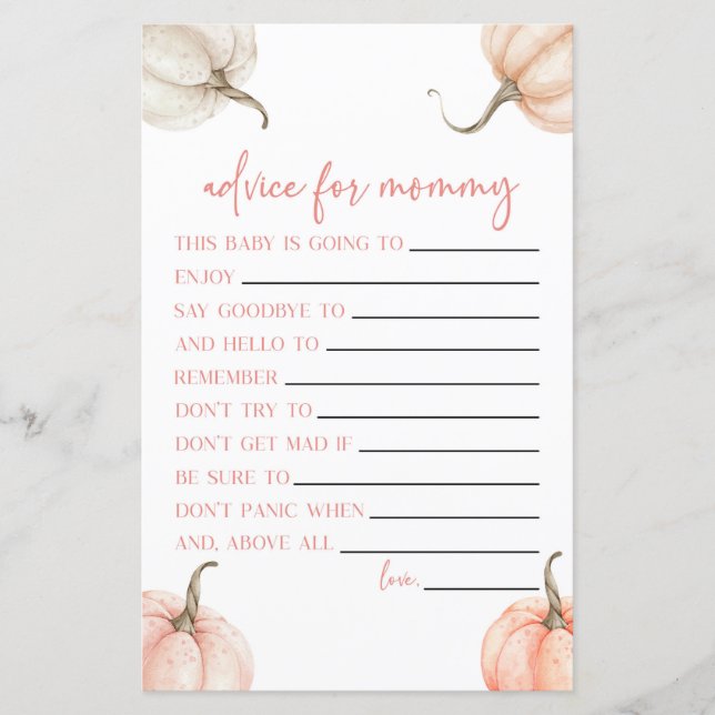 Pink Pumpkin Fall Advice Baby Shower Game Activity (Front)