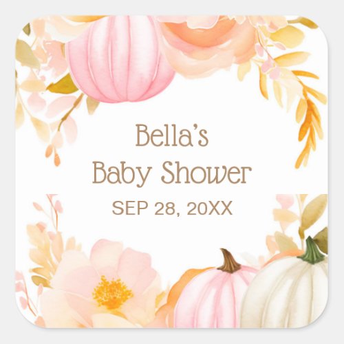 Pink Pumpkin Fall Baby Shower Square Sticker