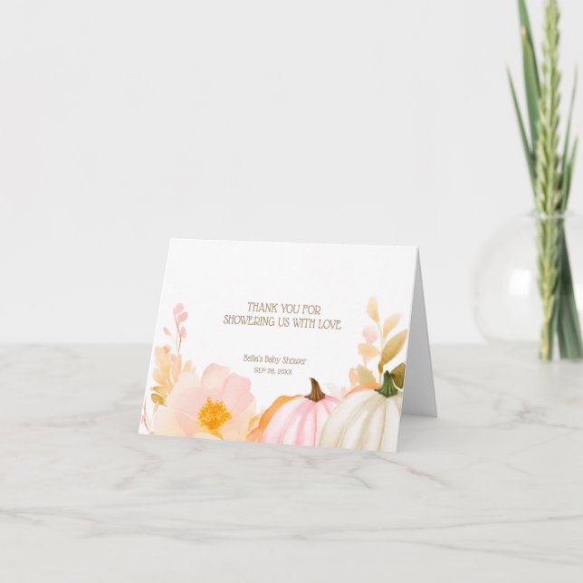 Pink Pumpkin Fall Baby Shower Thank You Card (Front)