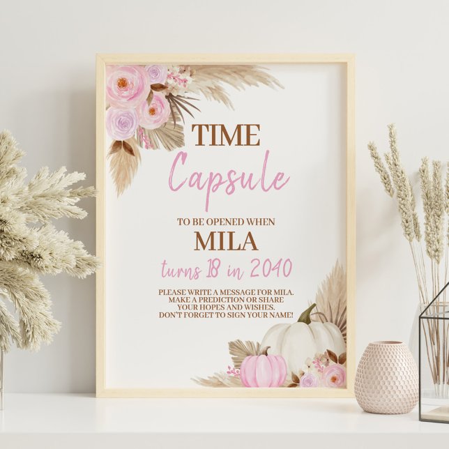 Pink Pumpkin Fall Birthday Party Time Capsule Sign (Creator Uploaded)