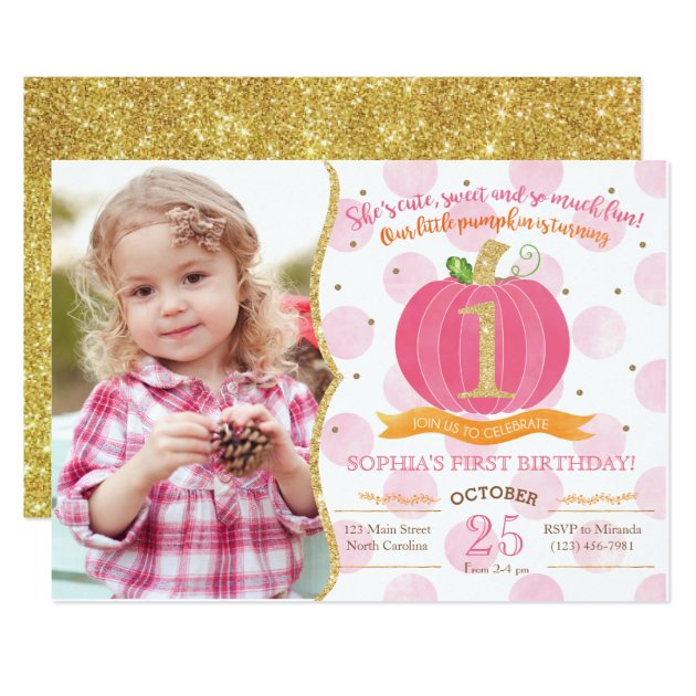 Pink Pumpkin Fall First 1st Birthday Invitation