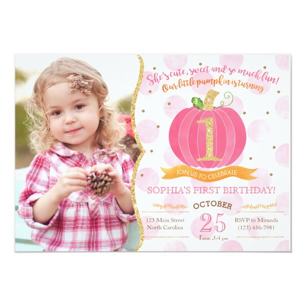 Pink Pumpkin Fall First 1st Birthday Invitation