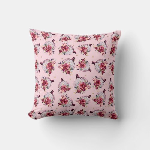 Pink pumpkin fall floral watercolor autumn pattern throw pillow