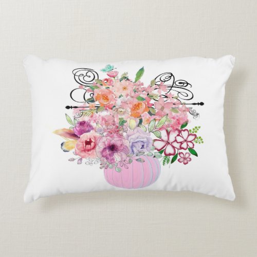 Pink Pumpkin Fall Home Decor Floral Watercolor  Accent Pillow