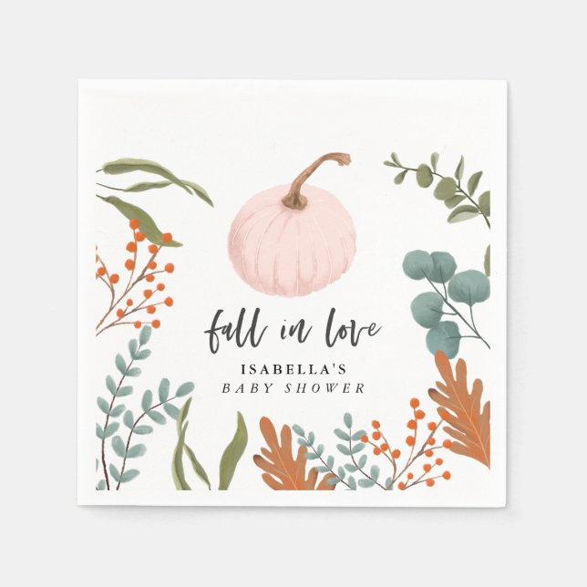 Pink Pumpkin Fall In Love Baby Shower Napkins (Front)