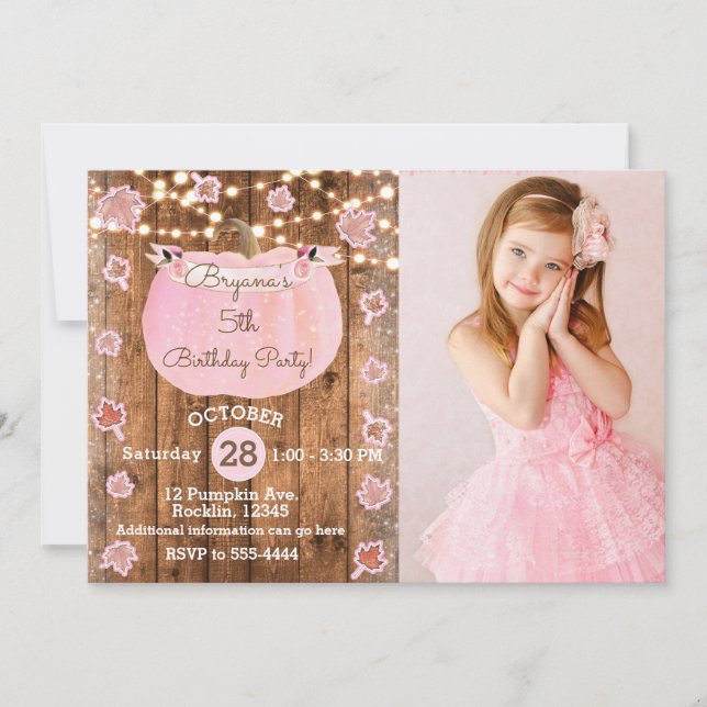 Pink Pumpkin Fall Rustic ANY AGE  Birthday Photo Invitation (Front)