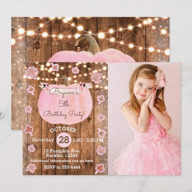 Pink Pumpkin Fall Rustic ANY AGE  Birthday Photo Invitation (Front/Back)