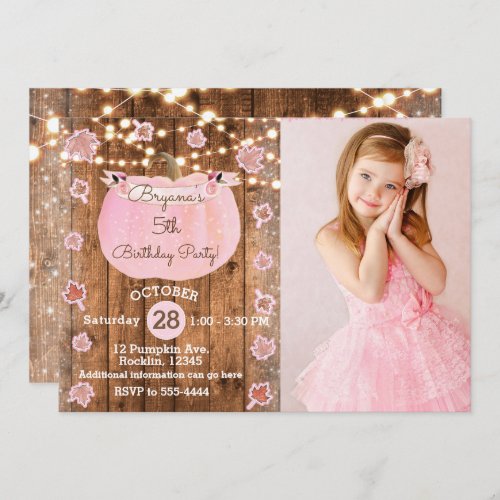 Pink Pumpkin Fall Rustic ANY AGE  Birthday Photo Invitation