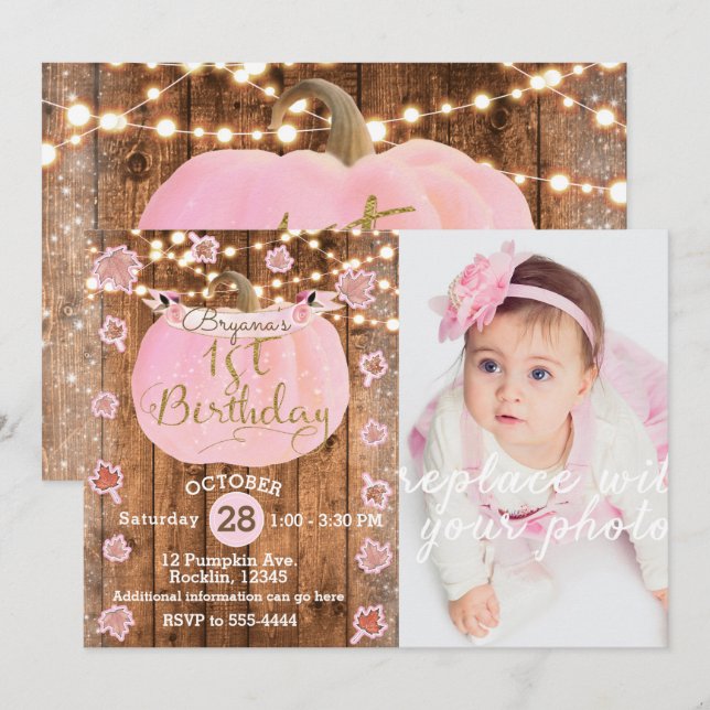 Pink Pumpkin Fall Rustic Lights 1st Birthday Photo Invitation (Front/Back)