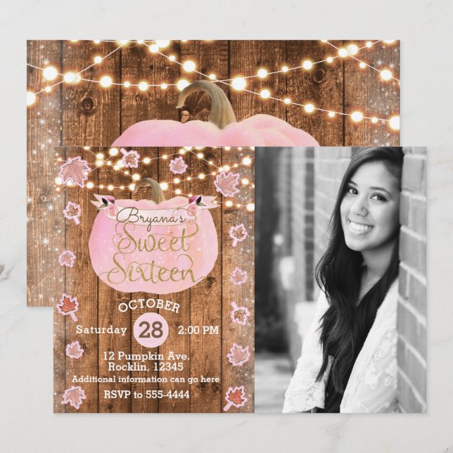Pink Pumpkin Fall Rustic Sweet 16 Birthday Photo Invitation (Front/Back)