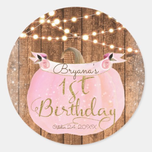 Pink Pumpkin Fall Rustic Wood Lights 1st Birthday Classic Round Sticker