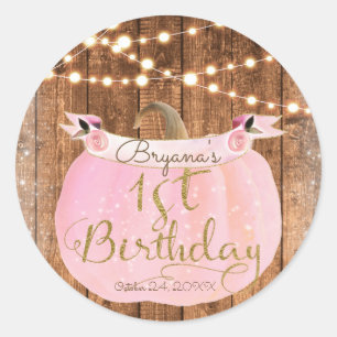 Pink Pumpkin Fall Rustic Wood Lights 1st Birthday Classic Round Sticker