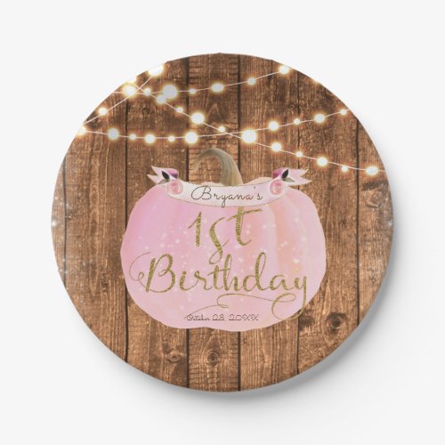 Pink Pumpkin Fall Rustic Wood Lights 1st Birthday Paper Plates