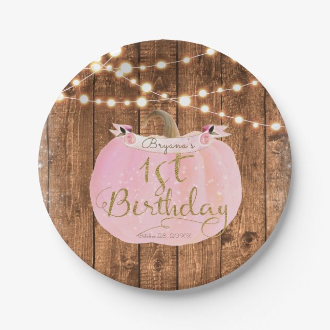 Pink Pumpkin Fall Rustic Wood Lights 1st Birthday Paper Plates (Front)