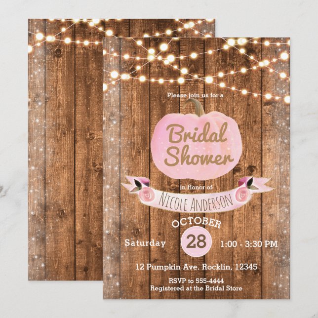 Pink Pumpkin Fall Rustic Wood Lights Bridal Shower Invitation (Front/Back)