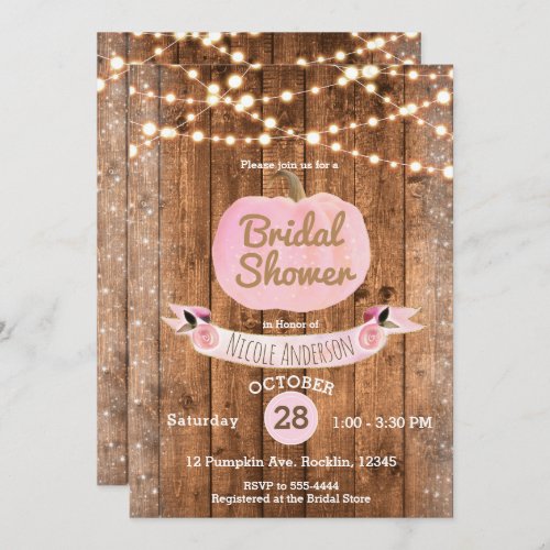 Pink Pumpkin Fall Rustic Wood Lights Bridal Shower Invitation