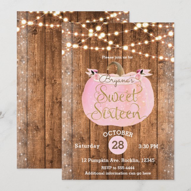 Pink Pumpkin Fall Rustic Wood Lights Sweet 16 Invitation (Front/Back)