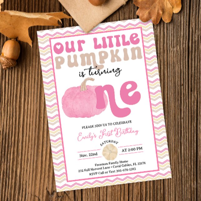Pink Pumpkin First Birthday Invite (Retro Typography Pink Pumpkin Birthday Invitation)