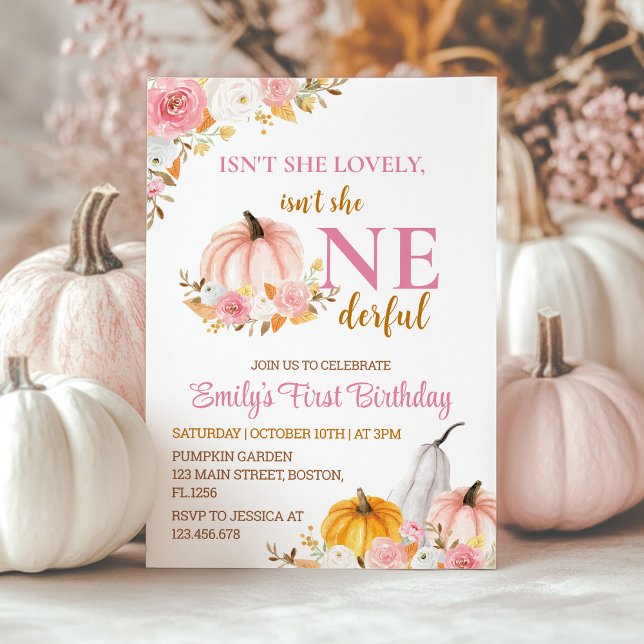 Pink Pumpkin First Onederful Birthday Invitation (Creator Uploaded)