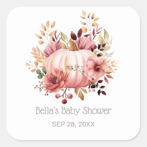 Pink Pumpkin Floral Baby Shower Square Sticker