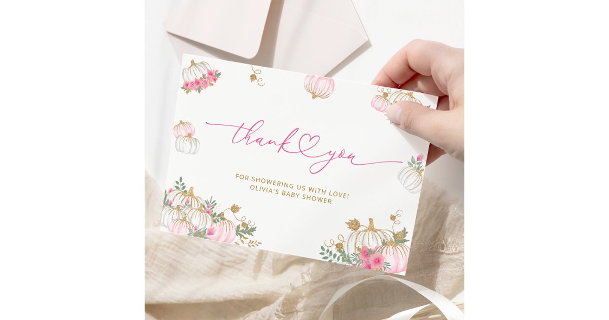 Pink Pumpkin Floral Baby Shower Thank You Card | Zazzle