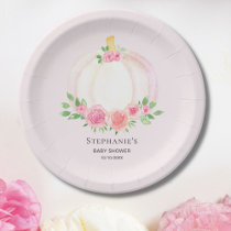 Pink Pumpkin Floral Fall Girl's Baby Shower Paper Plates