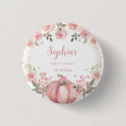 pink Pumpkin Floral Girl Baby Shower  Button