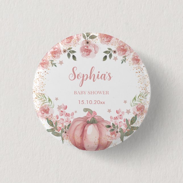 pink Pumpkin Floral Girl Baby Shower  Button (Front)