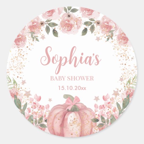 pink Pumpkin Floral Girl Baby Shower  Classic Round Sticker