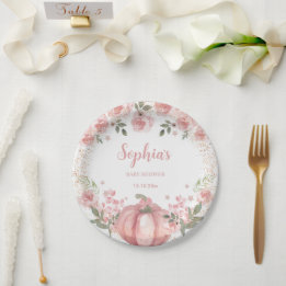 pink Pumpkin Floral Girl Baby Shower  Paper Plates