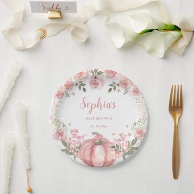 pink Pumpkin Floral Girl Baby Shower  Paper Plates (Wedding)