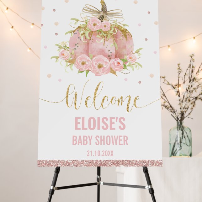 Pink Pumpkin Floral Girl Baby Shower Welcome Foam Board (In Situ (Stand))