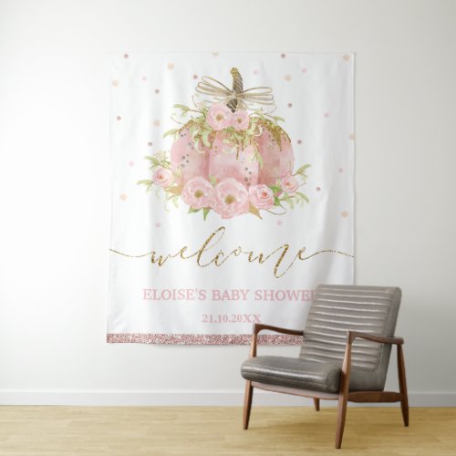 Pink Pumpkin Floral Girl Baby Shower Welcome Sign Tapestry