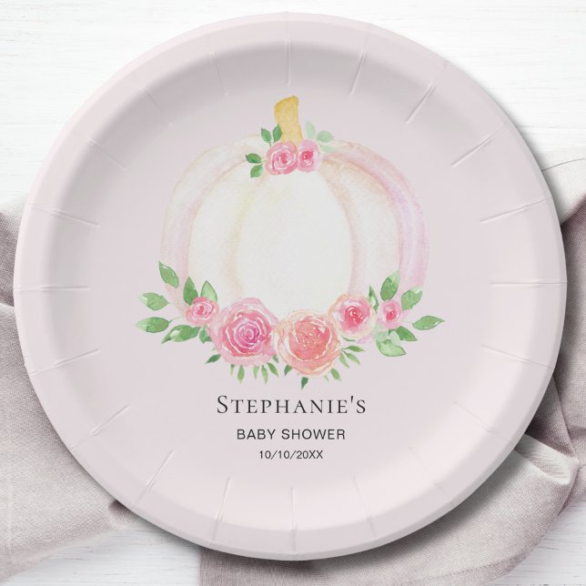 Pink Pumpkin Floral Girl's Fall Baby Shower Paper Plates (Creator Uploaded)