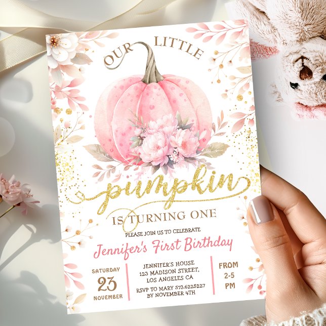 Pink Pumpkin Floral Gold Glitter Girl 1st Birthday Invitation (Creator Uploaded)