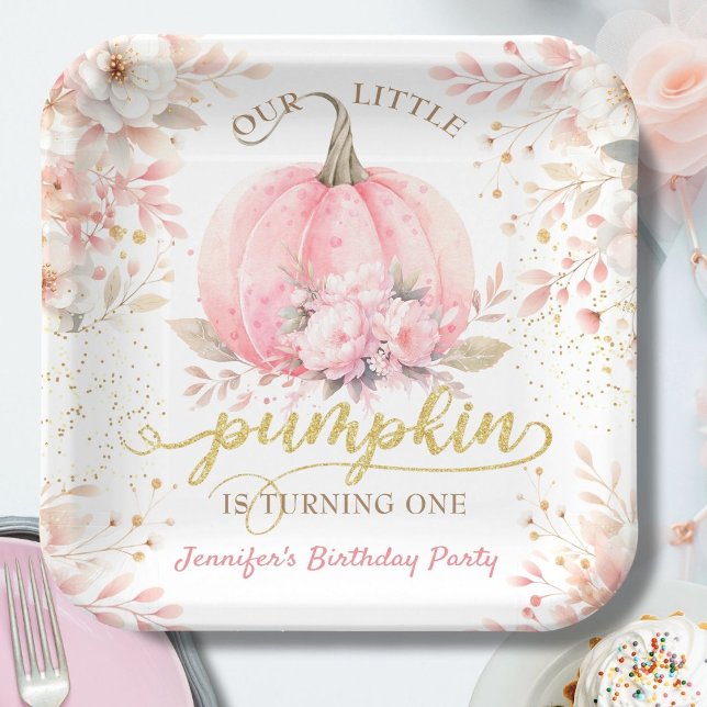 Pink Pumpkin Floral Gold Glitter Girl 1st Birthday Paper Plates (Creator Uploaded)