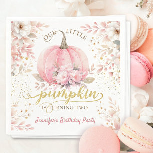Pink Pumpkin Floral Gold Glitter Girl 2nd Birthday Napkins
