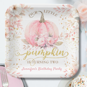 Pink Pumpkin Floral Gold Glitter Girl 2nd Birthday Paper Plates
