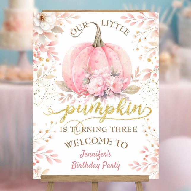 Pink Pumpkin Floral Gold Glitter Girl 3rd Birthday Foam Board (Creator Uploaded)