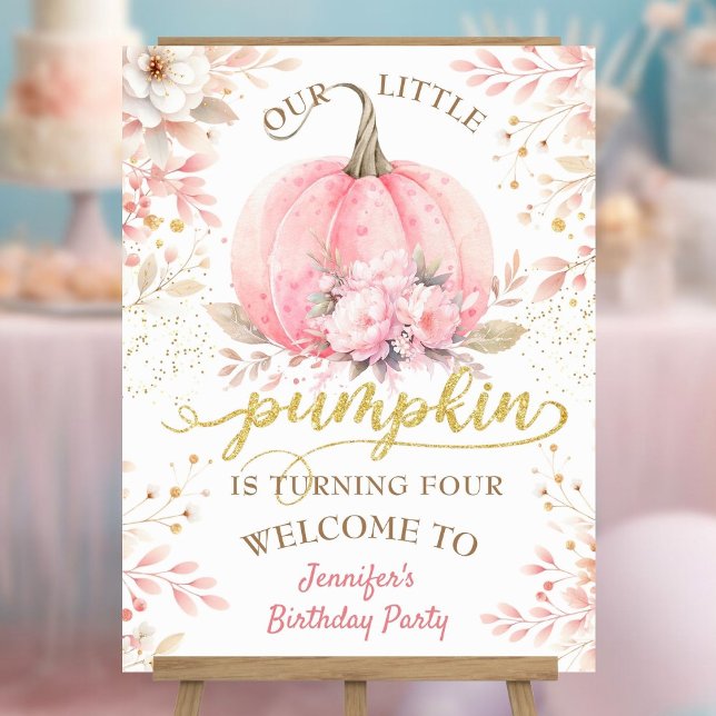 Pink Pumpkin Floral Gold Glitter Girl 4th Birthday Foam Board (Creator Uploaded)