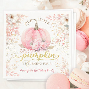 Pink Pumpkin Floral Gold Glitter Girl 4th Birthday Napkins