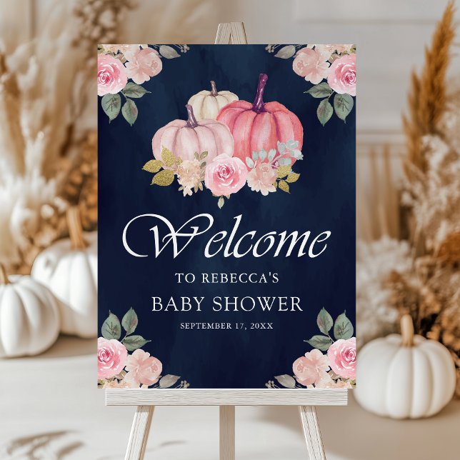 Pink Pumpkin Floral Navy Baby Shower Welcome Sign (Creator Uploaded)