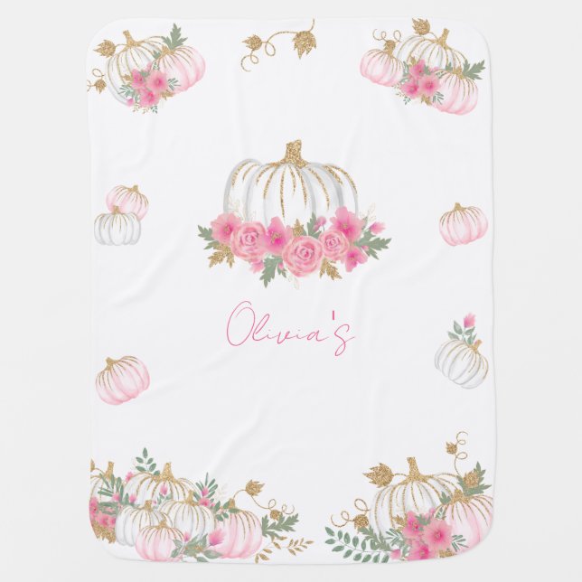 Pink Pumpkin Floral Personalized Cute Girl  Baby Blanket (Front)